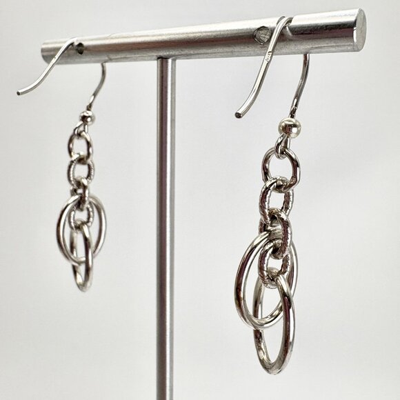 VTG Solid Sterling Silver 925 Oval Round Link Dangle Earrings 1.75" Length - Picture 6 of 11